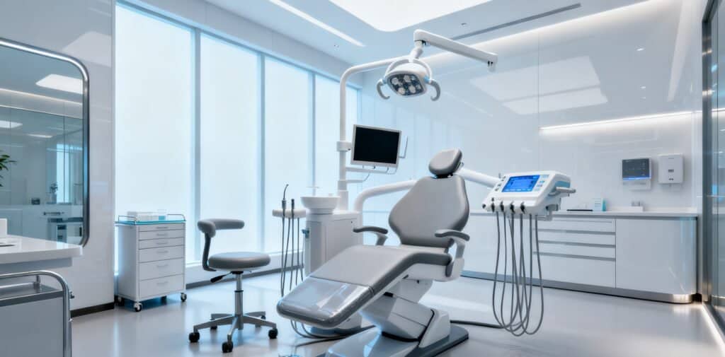 A modern, ergonomic dental chair in a clean, brightly lit clinic setting, ready for a patient.