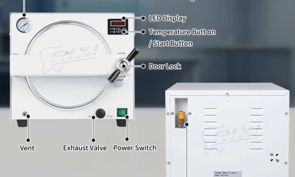 Front and rear component illustration of a front-door dental autoclave