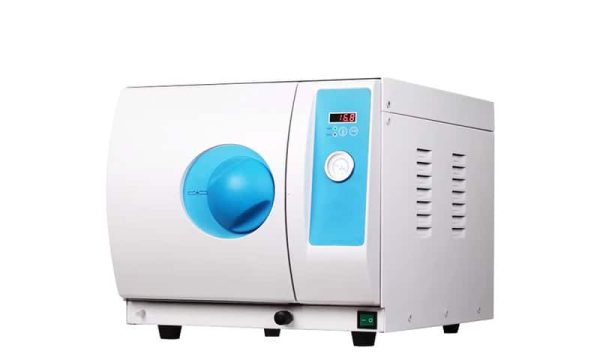 Tabletop dental autoclave with blue front door and display