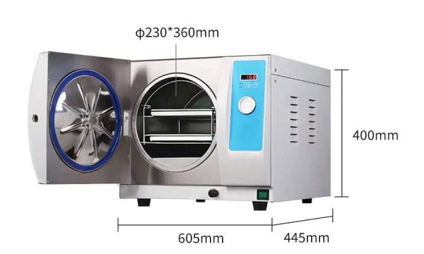 Dimensional illustration of a tabletop dental autoclave with its chamber door open