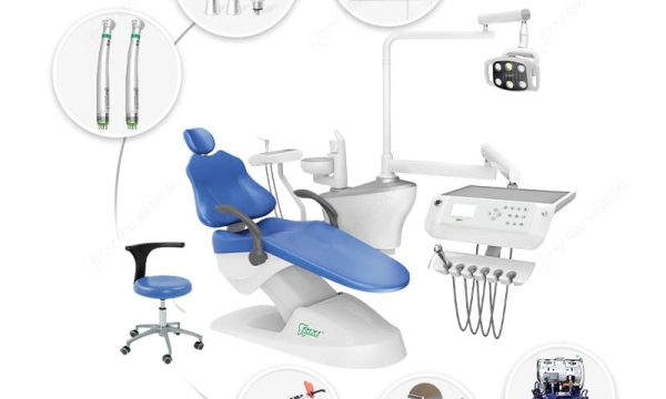RIXI R1 integrated dental chair showing delivery assembly and operating light