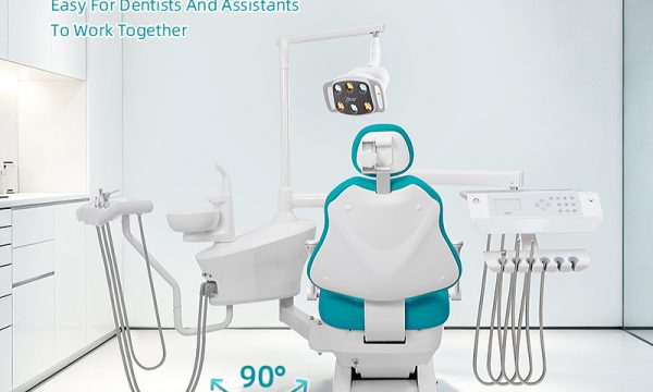 Rear view of new RIXI R1 dental chair showing the rotatable side box and delivery unit