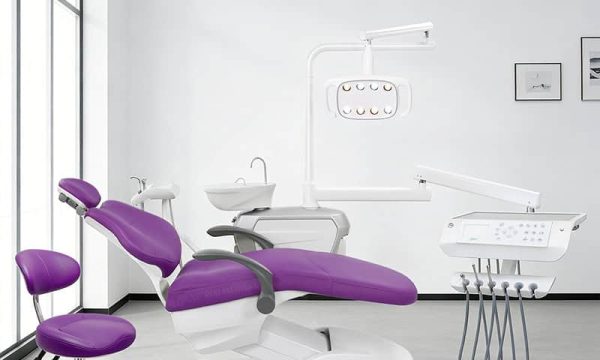 RIXI R3 product illustration with purple chair upholstery, delivery unit, operating light and stool