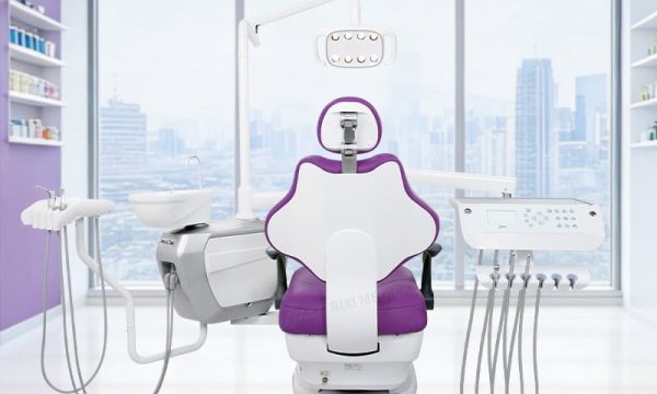 Rear-view purple R3 dental chair illustration with white rear panel, side unit and instrument assemblies