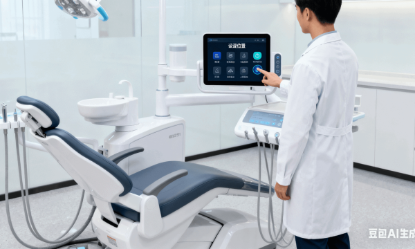 Installed dental chair viewed for movement clearance and maintenance planning