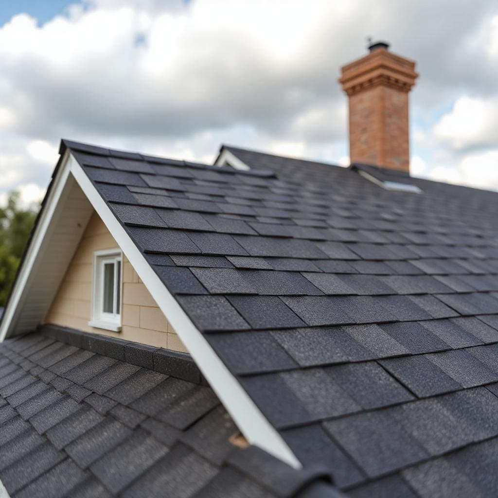 Close-up of a newly installed asphalt shingle roof in Aurora, Colorado.