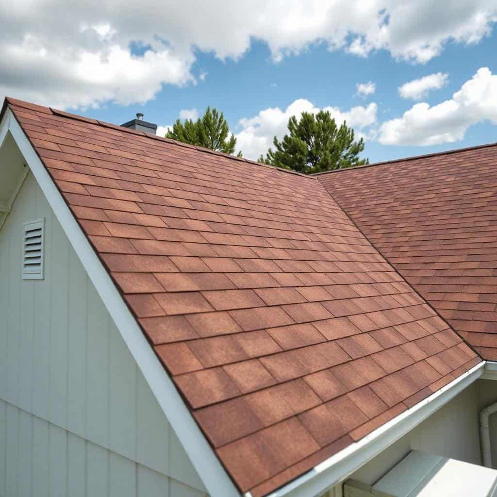 Close-up of a newly installed asphalt shingle roof on a residential home in Arvada, Colorado.