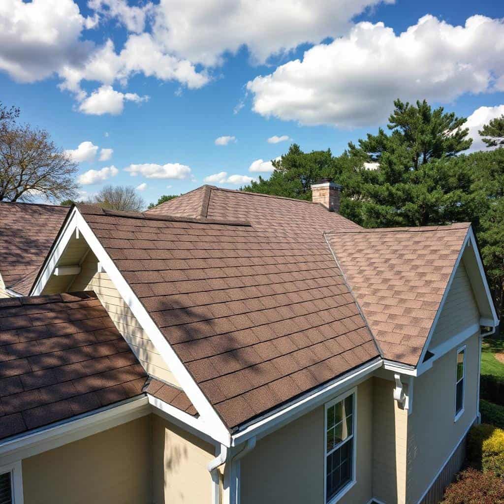 Close-up of a new asphalt shingle roof on a Denver home