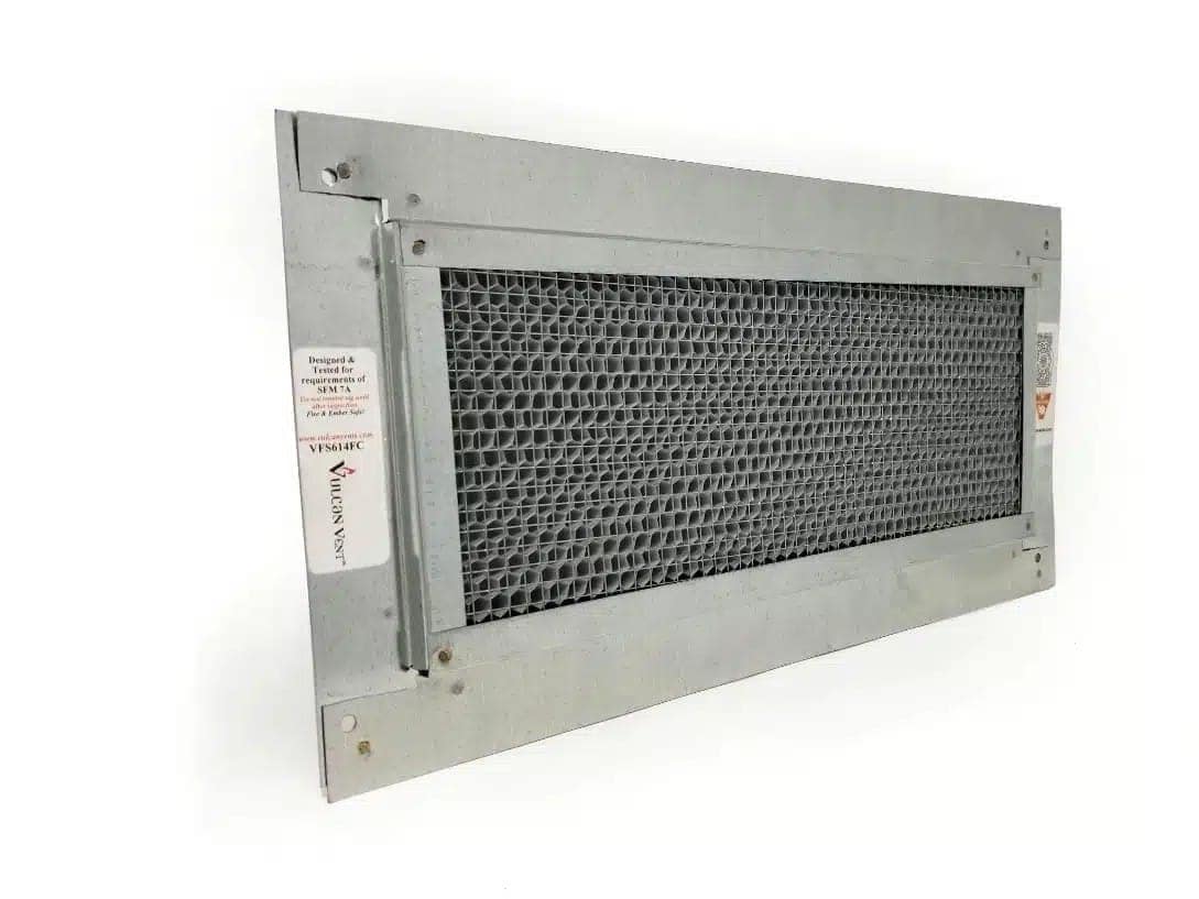 Vulcan soffit vent designed for ember resistance under Colorado wildfire roofing code