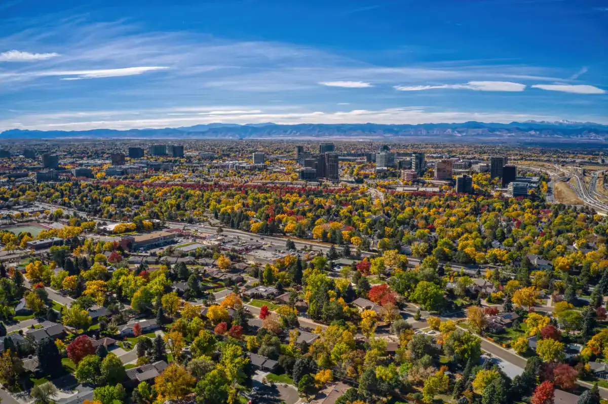 Aerial view of Aurora, Colorado highlighting Road Home Exteriors' roofing, siding, and window replacement service area.