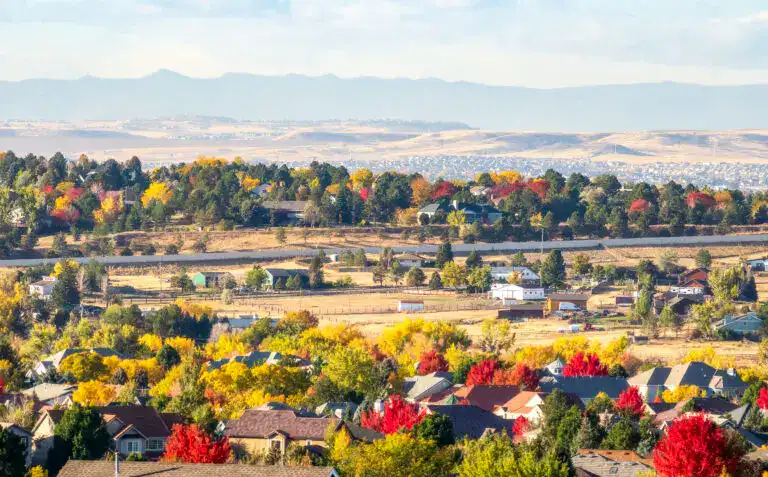 Residential neighborhoods in Centennial Colorado with colorful fall foliage and Front Range views in South Metro Denver.