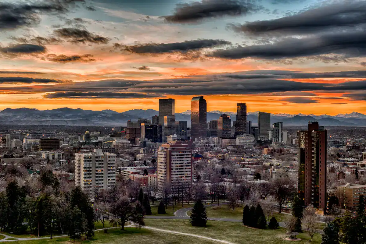 Denver, Colorado skyline representing Road Home Exteriors' roofing, siding, and window replacement service area.