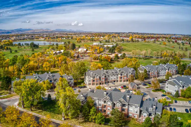 Aerial view of Englewood, Colorado neighborhoods and residential communities served by Road Home Exteriors for roof replacement, siding replacement, and window replacement.