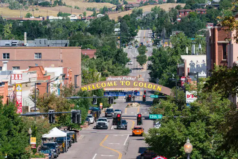 Downtown Golden Colorado featuring the Welcome to Golden arch on Washington Avenue