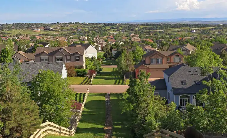 Aerial view of Greenwood Village, Colorado residential neighborhoods served by Road Home Exteriors for roof replacement, siding replacement, and window replacement.