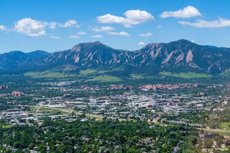Aerial view of Gunbarrel Colorado and the Flatirons representing roofing, siding, window replacement, and exterior remodeling services in Boulder County.