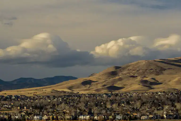 Residential neighborhoods and foothills landscape in Jefferson County Colorado west of Denver