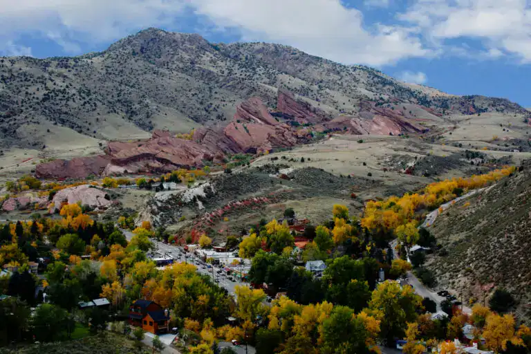Downtown Morrison Colorado with Red Rocks Park and Amphitheatre in the foothills west of Denver