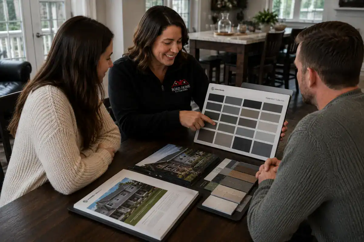 Road Home Exteriors design consultant helping Colorado homeowners compare siding colors, exterior products, financing options, and remodeling solutions