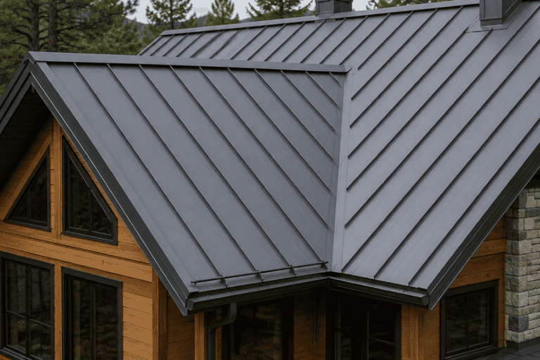 Standing seam metal roof professionally installed on a Colorado home by Road Home Exteriors.