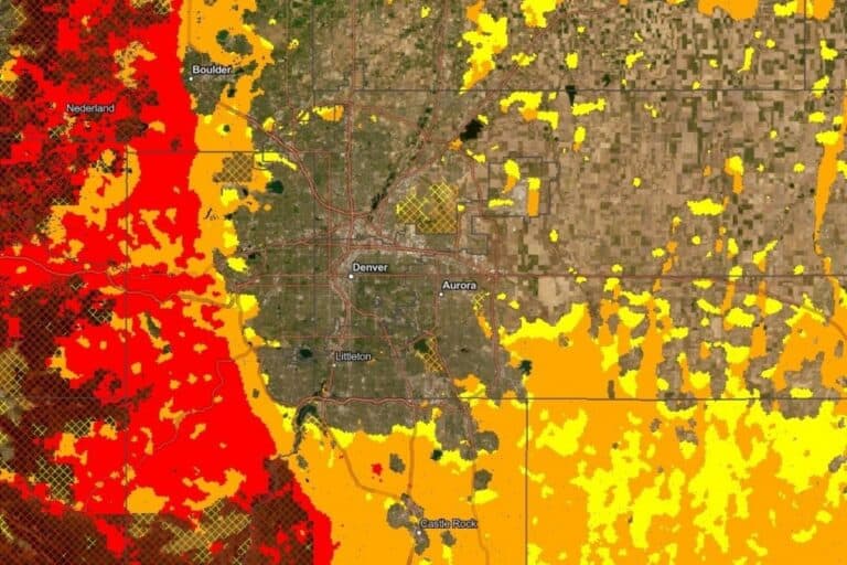 Colorado Wildland-Urban Interface map showing areas around Nederland, Boulder, Denver, Aurora, Littleton and Castle Rock