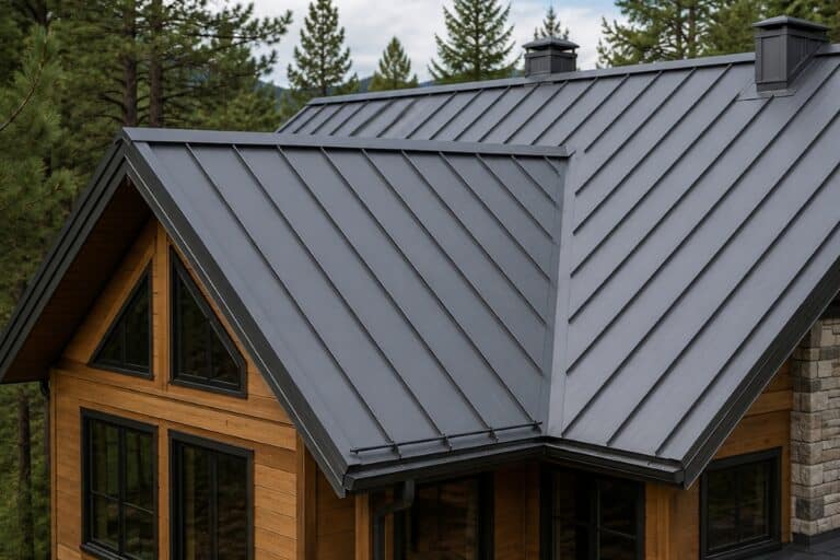 Gray standing-seam metal roof installed on a mountain-style home