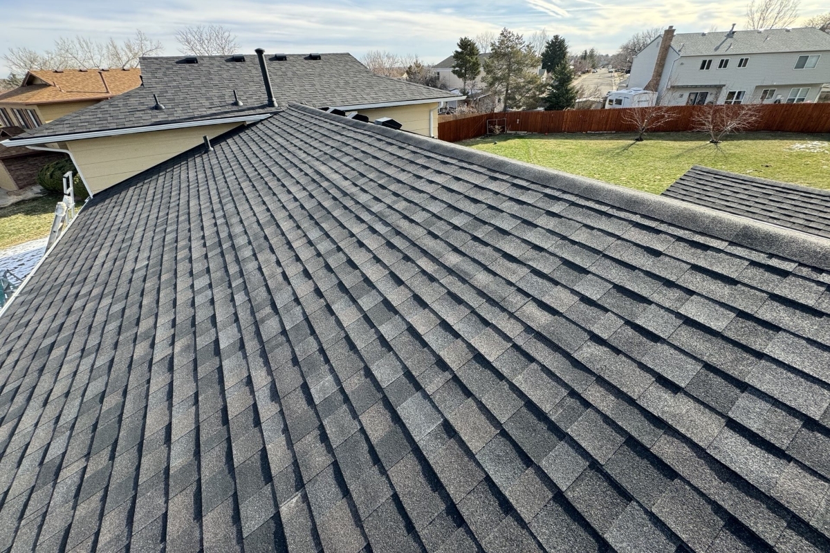 IKO Nordic Glacier shingles across intersecting rooflines on a Rocky Hills home in Morrison