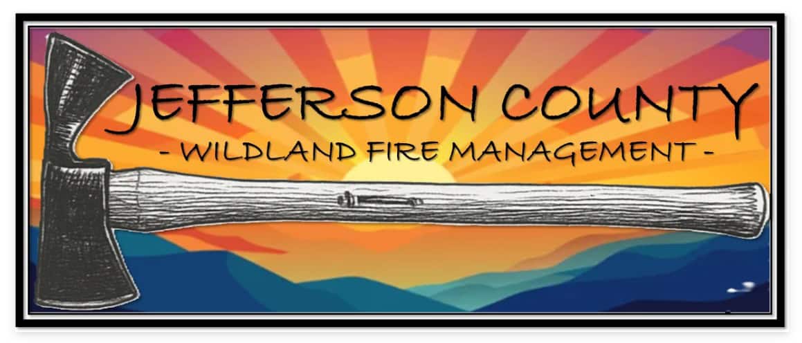 Jefferson County Wildland Fire Management graphic featuring an axe, mountain landscape, and sunset.