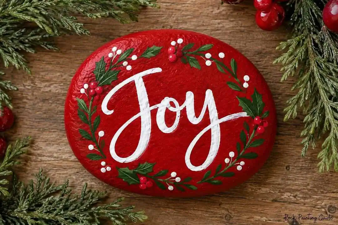 200+ Christmas Quotes and Sayings for Crafts (Free Printable) 9 Joy painted on red rock with holiday wreath design.