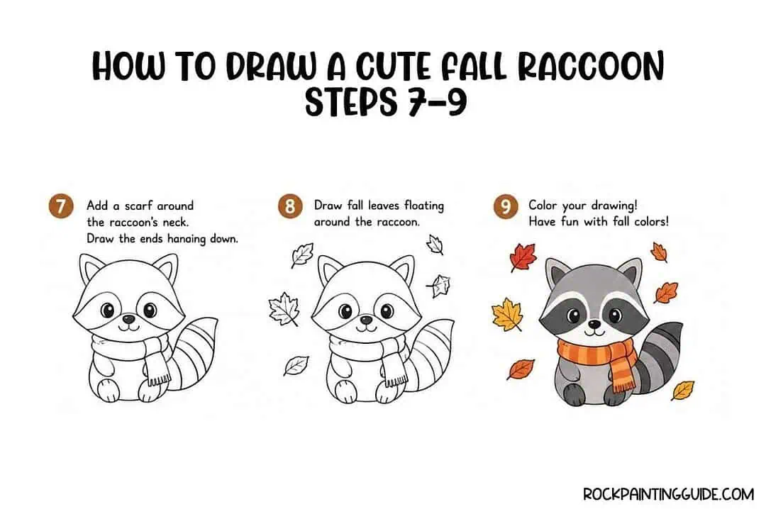 100+ Easy Fall Drawing Ideas + Step-by-Step Tutorials 28 Step-by-step guide to drawing a cute fall raccoon with leaves and scarf.
