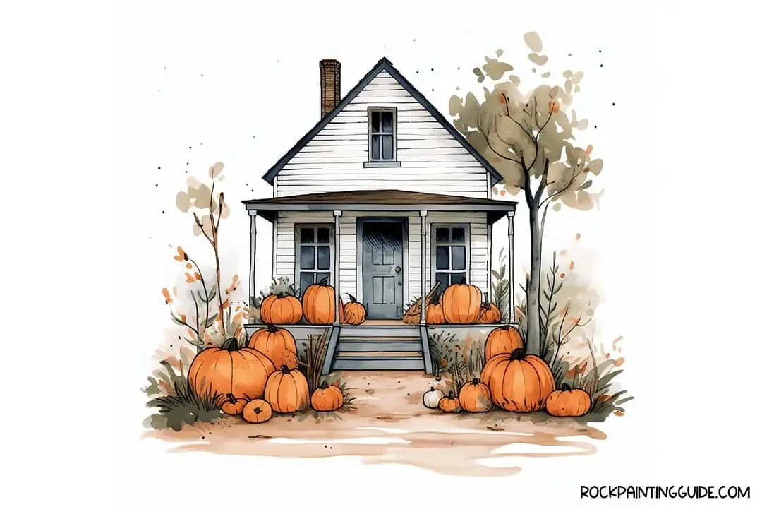 100+ Easy Fall Drawing Ideas + Step-by-Step Tutorials 16 farmhouse with pumpkins
