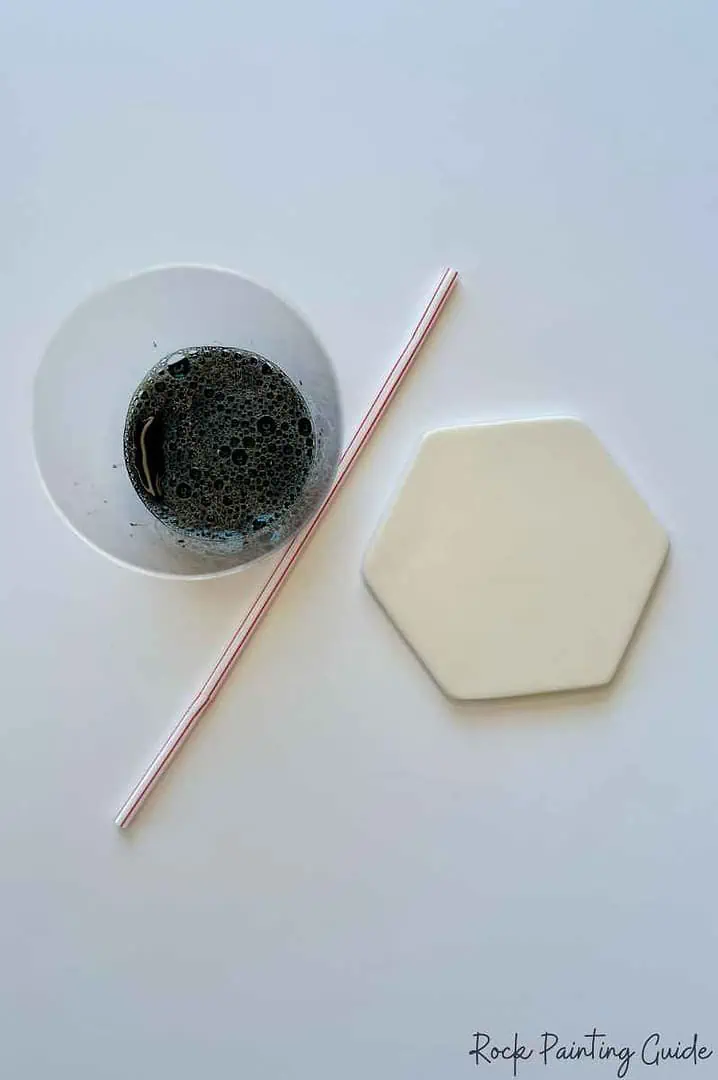 Make Stunning DIY Coasters with Bubble Painting Magic! 5 diy coaster supplies: paint, dish soap, water, cup, and straw