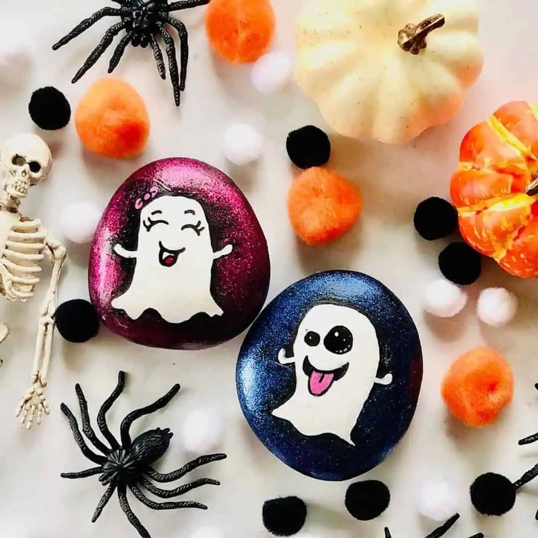 Easy Ghost Painted Rocks: Cute Ghost Emoji Rock Painting Tutorial 3 ghost painted rocks