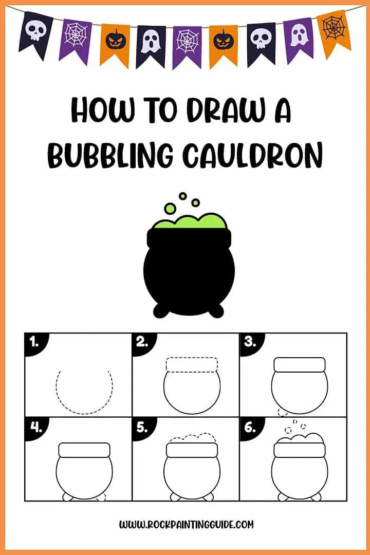 Easy Halloween Step-by-Step Drawing Ideas for kids 13 Bubble cauldron drawing tutorial for kids, step-by-step guide on creating bubbling Halloween cauldrons. Perfect for arts and crafts.cauldron drawing