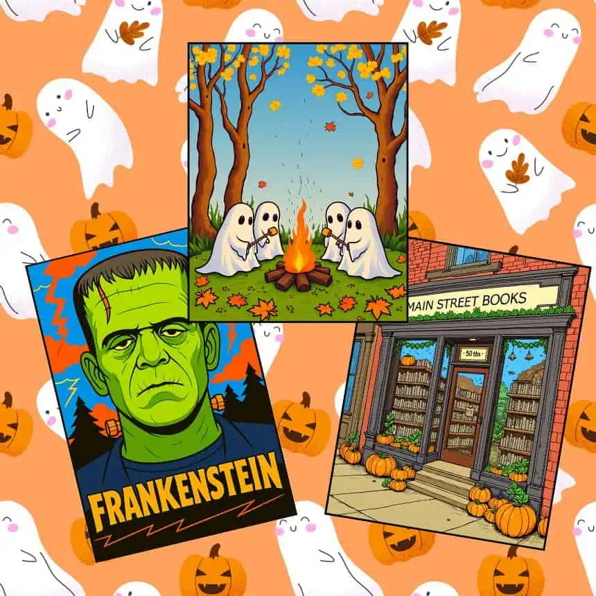 Home 7 Colorful Halloween-coloring books with ghosts, Frankenstein, and a cozy bookstore decorated for fall