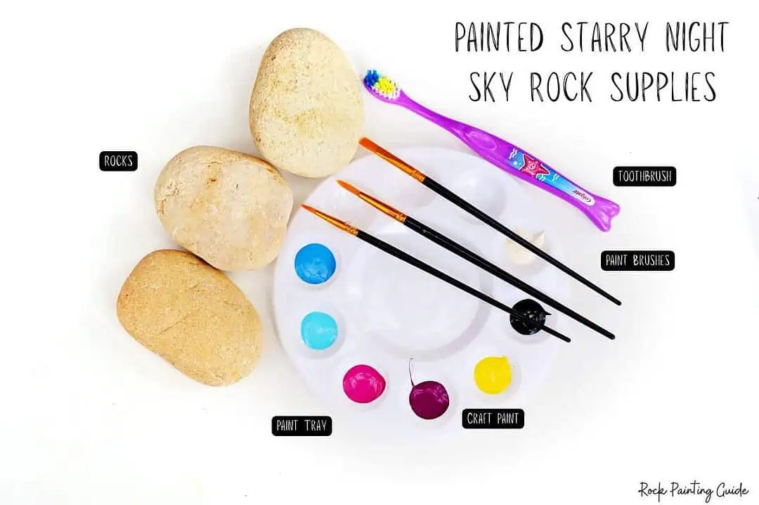 Easy Starry Night Sky Galaxy Painted Rocks for Beginners 4 Natural rocks with paint supplies for rock painting crafts and designs.