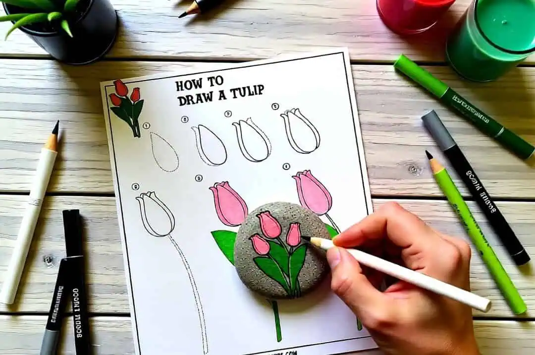 How to Draw a Tulip (Easy Step-by-Step Drawing) 14 tulip painted rock on table