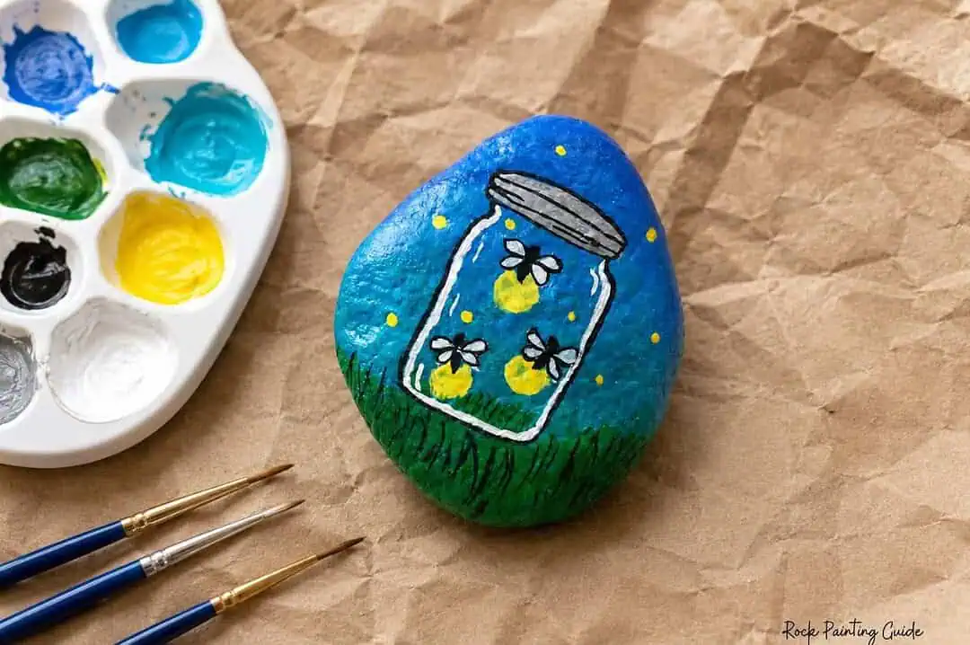 How to Make Firefly Painted Rocks for a Fun Summer Craft 13 Colorful firefly painted rock and jar illustration for rock painting projects.