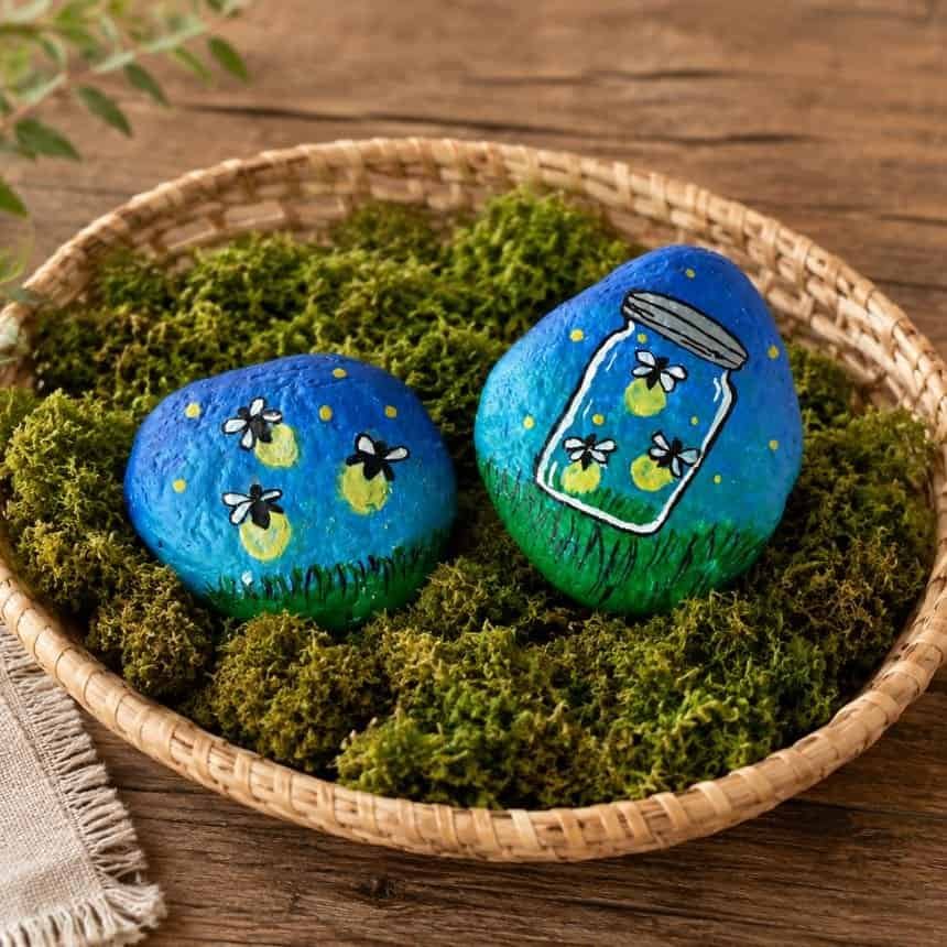 Home 3 firefly painted rocks in a basket with moss