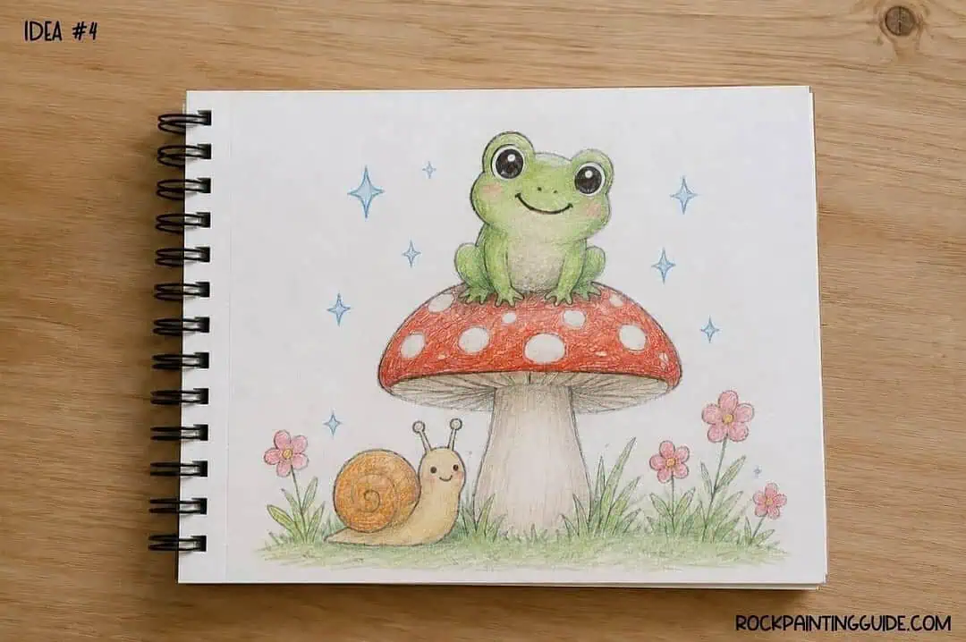 35+ Mushroom Drawing Ideas: Cute, Easy & Whimsical 7 Hand-drawn frog on mushroom with snail and flowers for rock painting.
