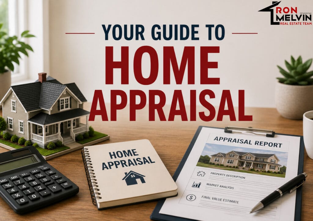 Home appraisal tools and documents on a desk in Walnut Creek, CA.