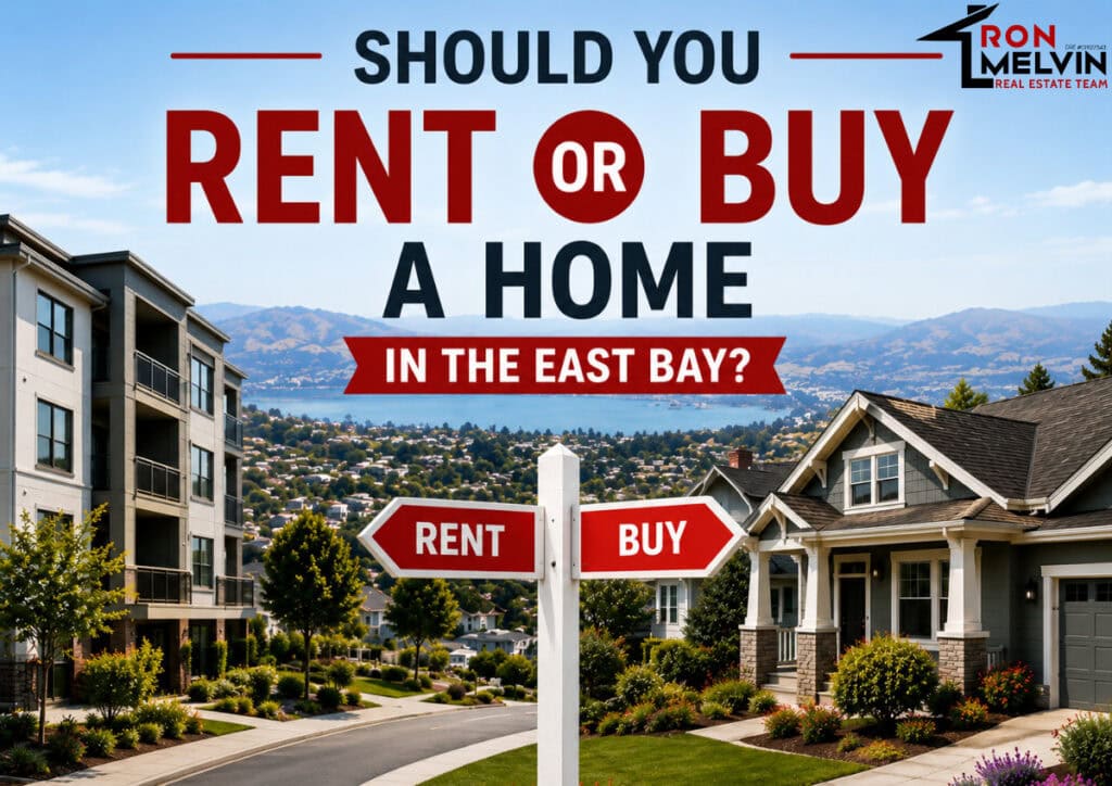 Residential neighborhood in Walnut Creek, CA with a signpost for rent or buy options.