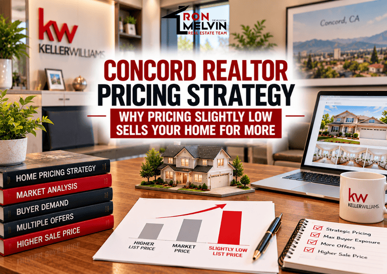 Real estate agent's desk with pricing strategy charts and house models in Walnut Creek, CA.
