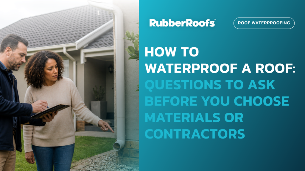 Homeowners discussing roof waterproofing options with a contractor, emphasizing questions to ask before choosing materials or contractors.