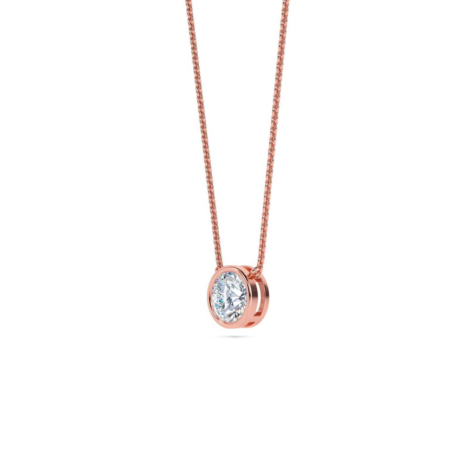 Elegant rose gold bezel solitaire diamond pendant necklace. Perfect for sophisticated jewelry collec.