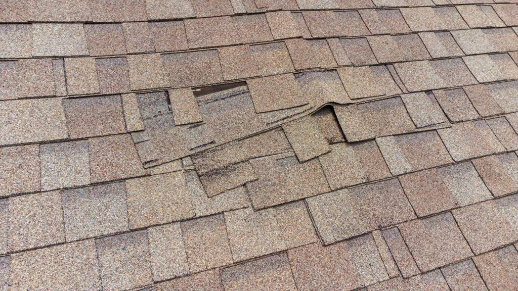 Lifted and displaced asphalt shingles on a roof slope, with the deck visible through the gap