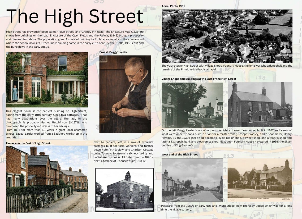 North Thoresby history board describing Ernest Baggy Larder and The Saddlery