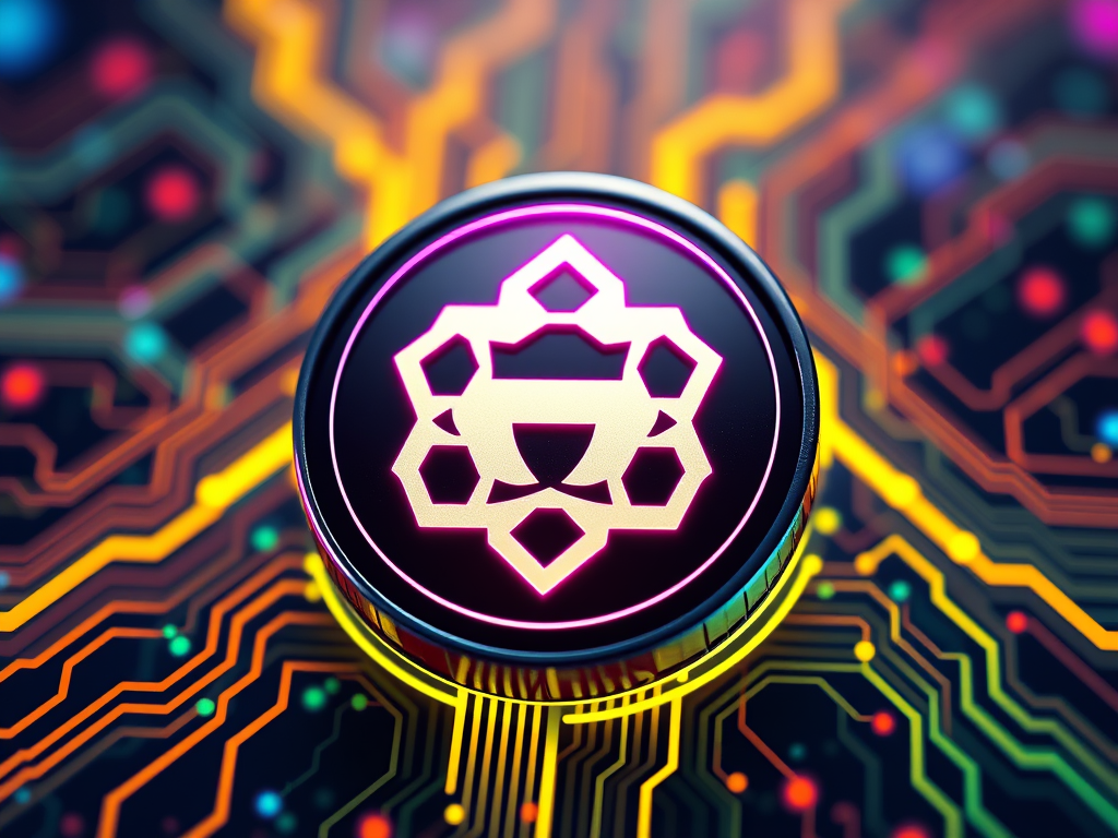 Digital cryptocurrency coin representing financial freedom with Sakkemoto, blockchain technology, and innovative trading solutions.
