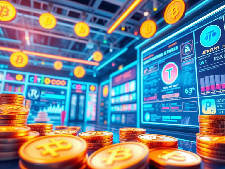 1. Bright digital cryptocurrency trading floor with Bitcoin coins and neon screens, emphasizing financial freedom through crypto investments.