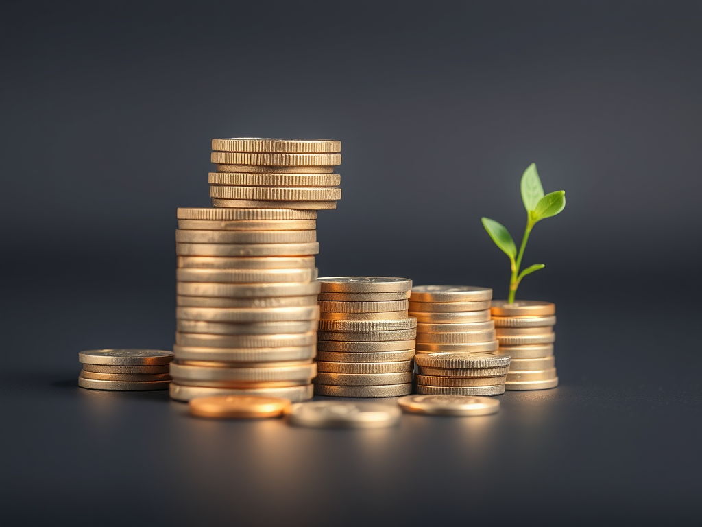 Stacks of gold coins with a small green plant symbolizing financial growth and wealth accumulation.